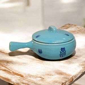 Vintage 1958-1961 Cameron Clay "Blue Tulip" Teal Mini Skillet w/ Lid